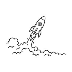 Cartoon rocket launch with clouds and smoke in black and white &ndash; stock vector icon in line style