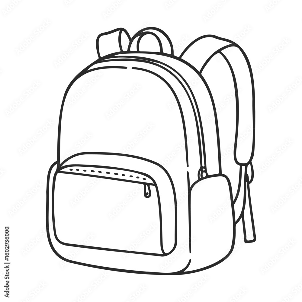Poster simple black and white backpack line drawing with front pocket and strap details – stock vector icon