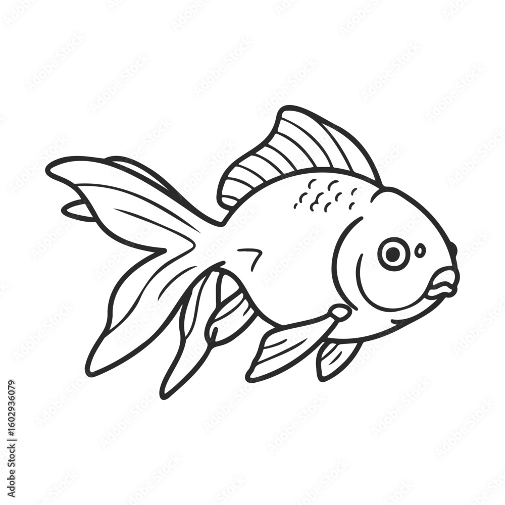 Poster black and white line art of a goldfish with flowing fins and scales – stock vector icon in line styl