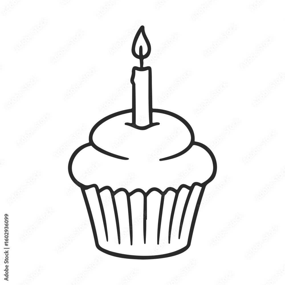 Poster simple line drawing of cupcake with candle on top – stock vector icon in line style