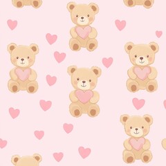 Seamless Pattern with Beige Teddy Bear Holding Heart on Pink Background, Kids Design