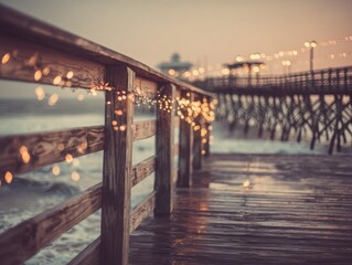 Wooden pier with warm, twinkling lights at dusk.