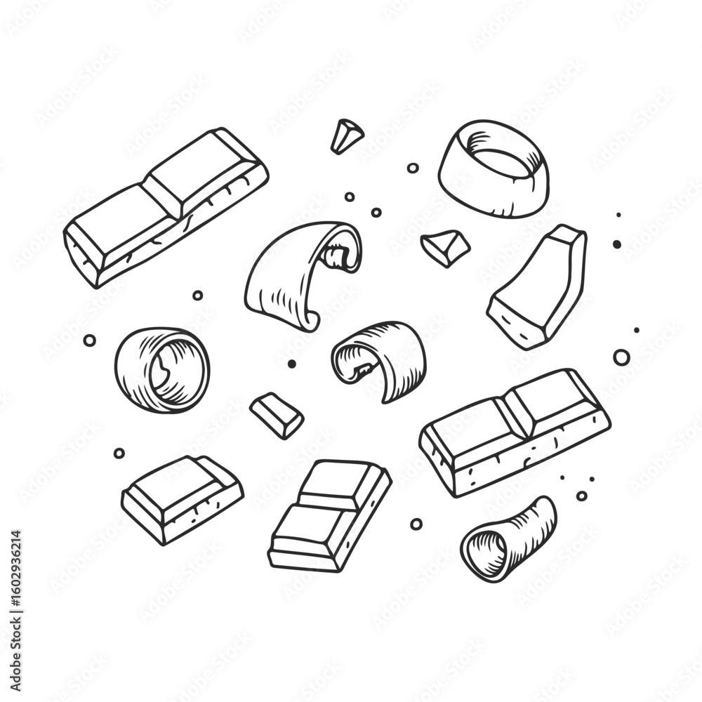 Poster hand-drawn chocolate bars and curls on white background – stock vector icon in line style
