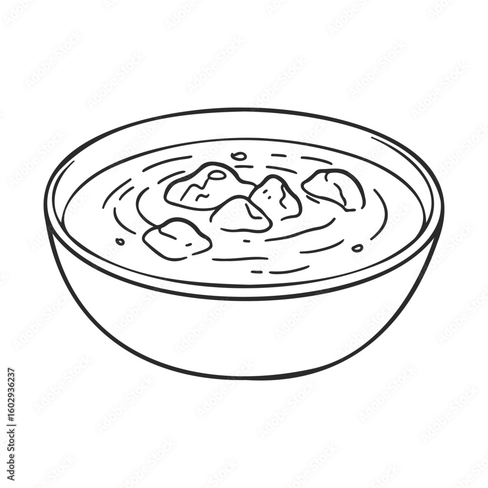 Aufkleber line drawing of a bowl of soup with floating ingredients – stock vector icon in line style