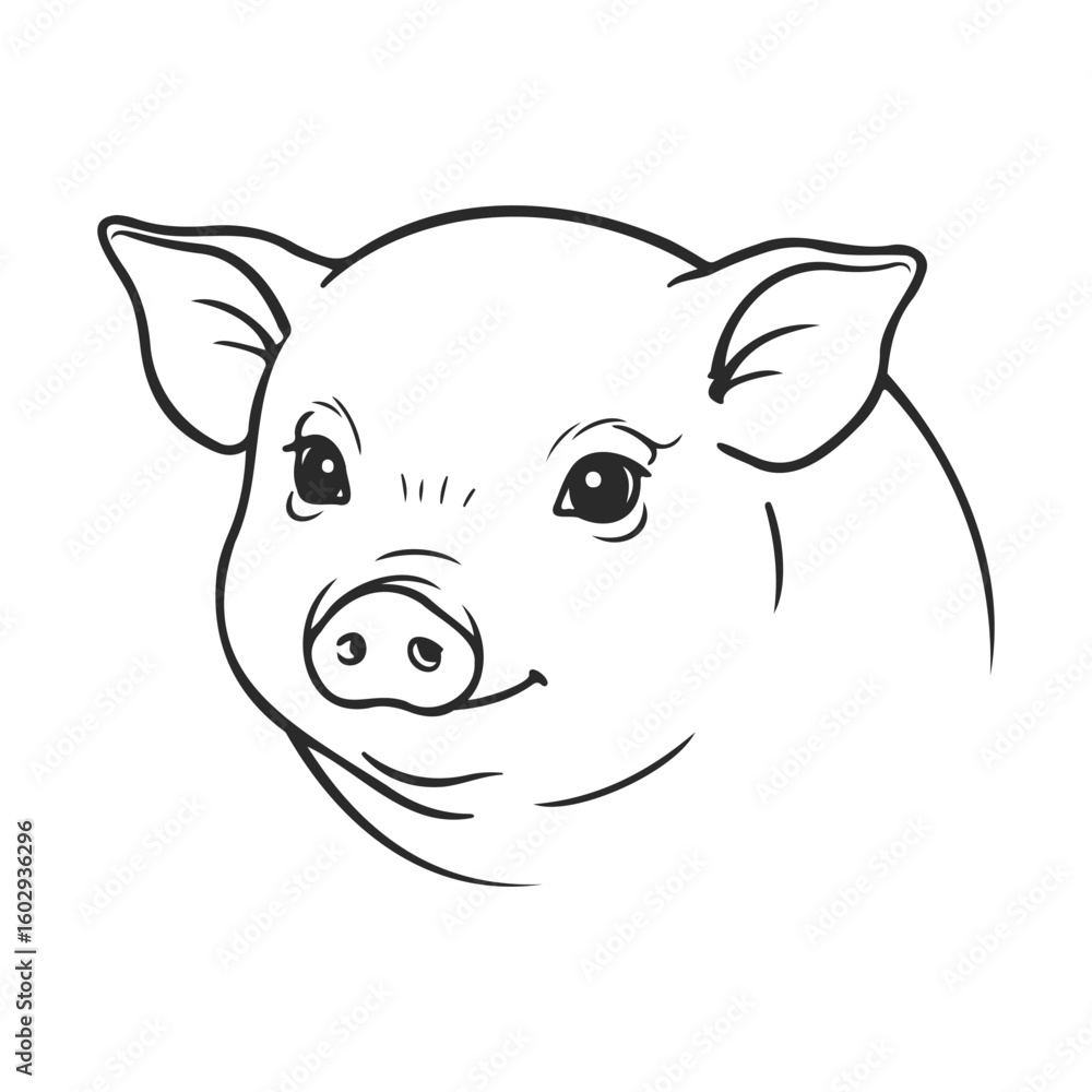 Poster smiling pig face line art illustration with bold outlines – stock vector icon in line style