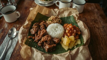 A modern-style beef rendang rice dish with sambal, vegetables, and perkedel, served with clean plating in café-style presentation.
