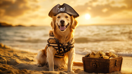 Golden retriever pirate on beach with treasure chest at sunset
