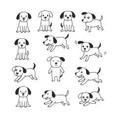 Cute cartoon puppies in various poses - adorable dog illustrations – stock vector icon in line style