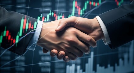 A handshake symbolizes a successful financial deal amidst a backdrop of stock market charts