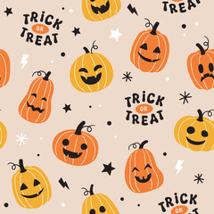 seamless pattern halloween pumpkin doodle vector illustration, cute cartoon