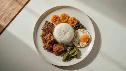 A modern-style beef rendang rice dish with sambal, vegetables, and perkedel, served with clean plating in café-style presentation.