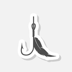 Fishing hook with feather icon sticker isolated on gray background