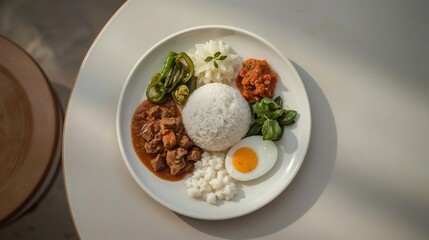 A modern-style beef rendang rice dish with sambal, vegetables, and perkedel, served with clean plating in café-style presentation.