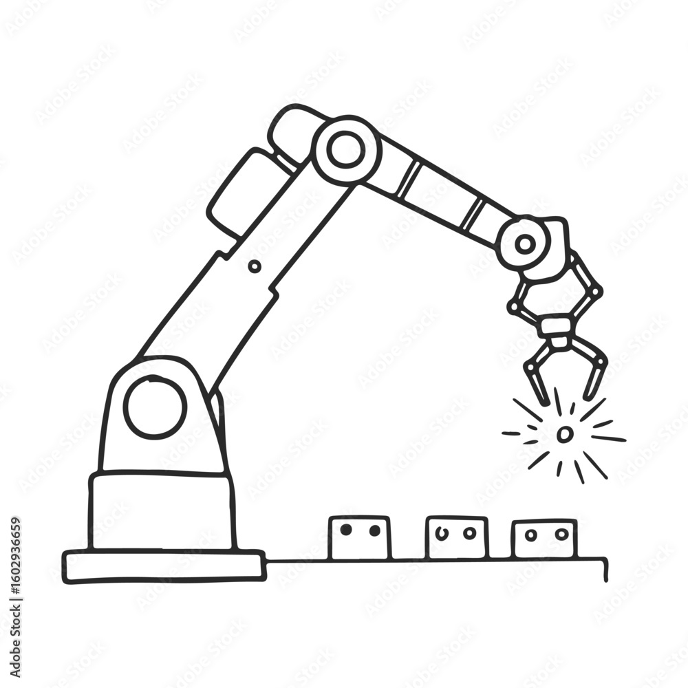 Poster robotic arm operating on production line in manufacturing process – stock vector icon in line style