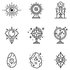 Fototapeta premium Black and white mystical vector icons representing eyes globes eggs and cosmic elements