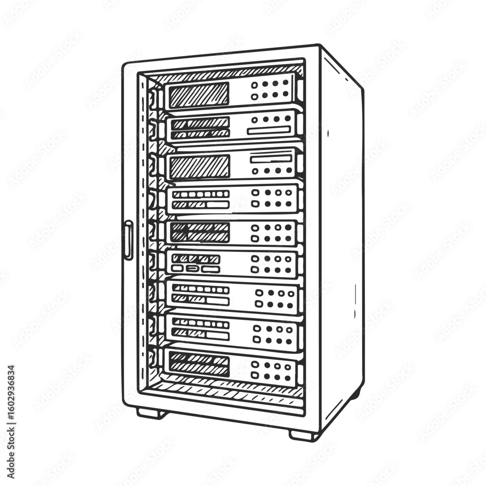 Aufkleber hand-drawn server rack illustration with multiple equipment layers – stock vector icon in line style
