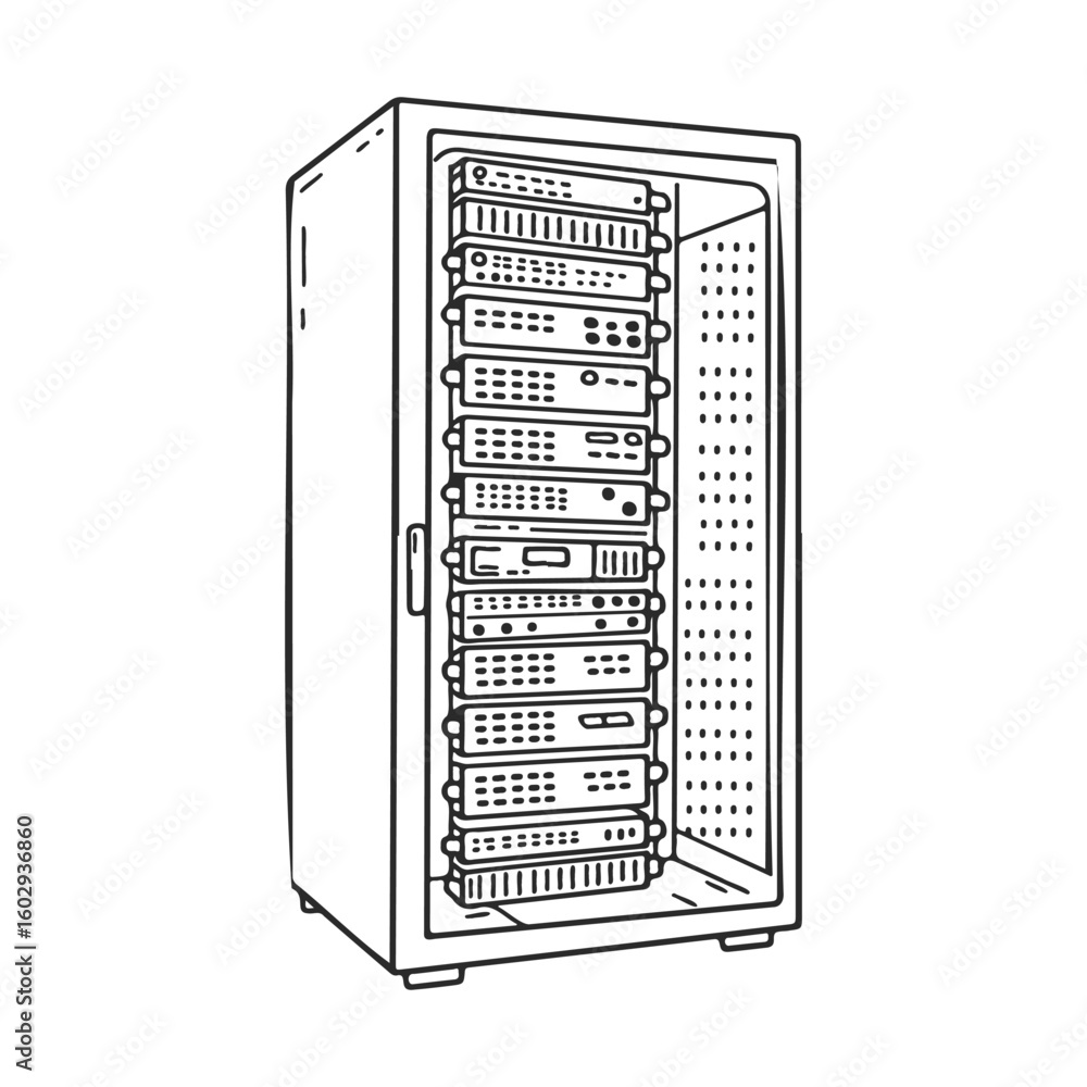Poster illustration of data center server rack with multiple hardware units – stock vector icon in line sty