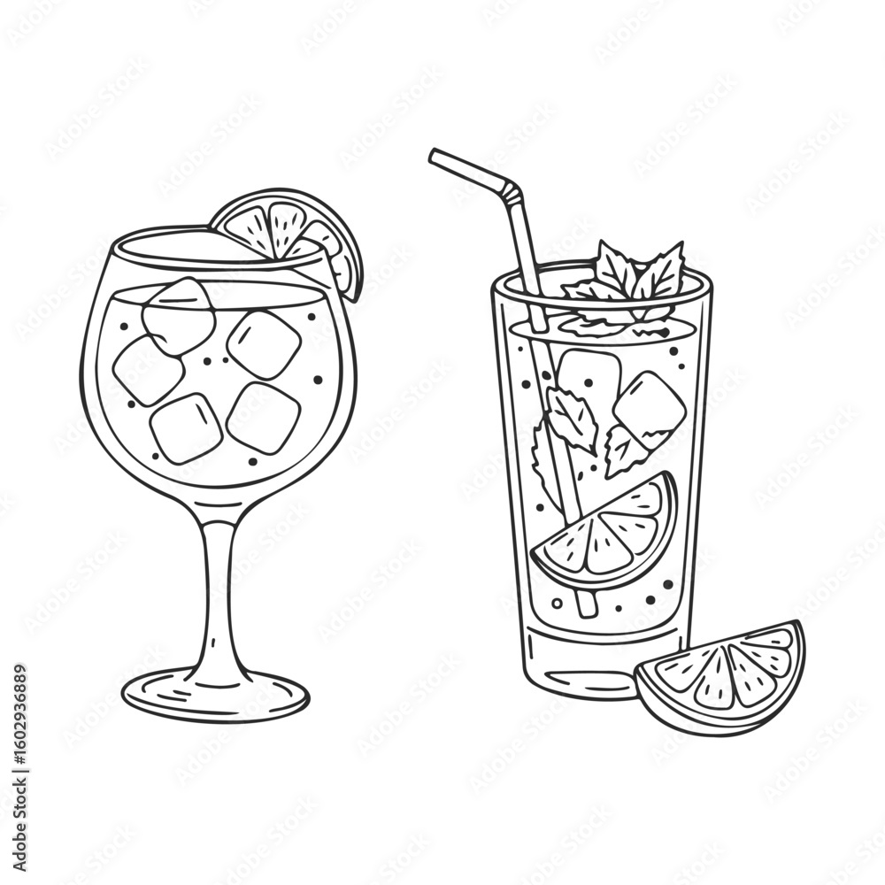 Poster line art of refreshing cocktails in glasses with ice and lemon slices – stock vector icon in line st