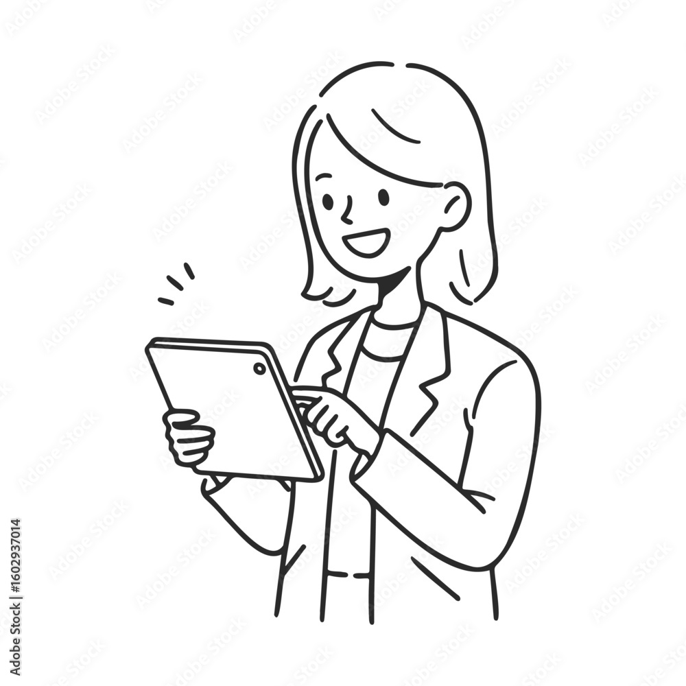 Poster female cartoon character using tablet in casual attire with joyful expression – stock vector icon in