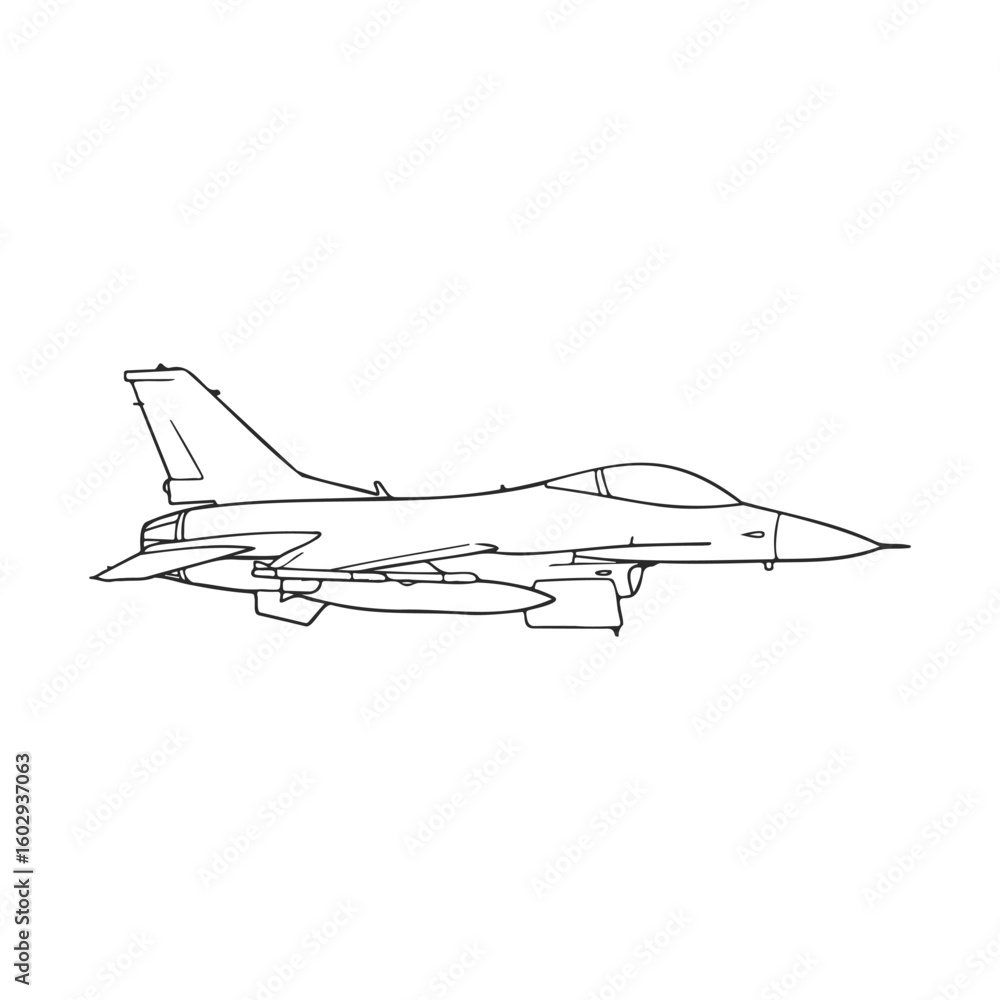 Poster outline drawing of an f-16 fighter jet in flight – stock vector icon in line style