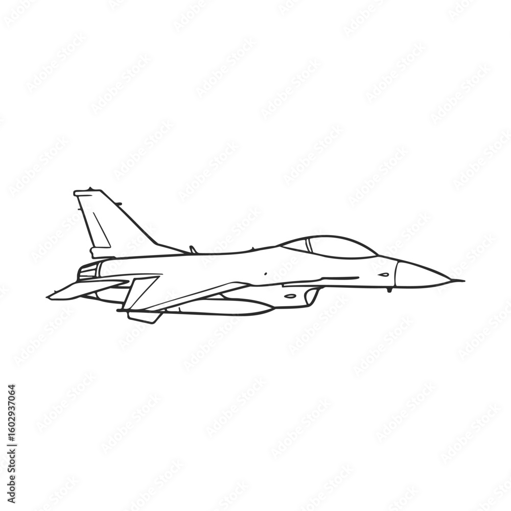 Poster outline of a fighter jet in flight side view – stock vector icon in line style