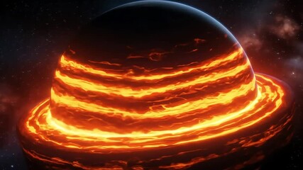 Fiery gas giant planet with molten rings glowing in the depths of space, surrounded by stars - Powered by Adobe