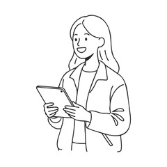 Illustration of smiling young female character holding tablet &ndash; stock vector icon in line style