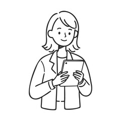 Female young cartoon character using tablet in business attire – stock vector icon in line style