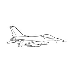 Outline drawing of military fighter jet aircraft in flight mode – stock vector icon in line style