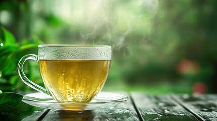A clear glass cup filled with steaming hot herbal tea sits on a wooden table surrounded by green foliage.