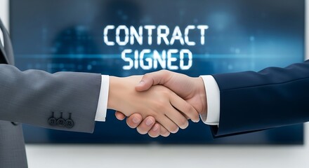 Obraz premium Two businessmen shaking hands in front of a screen displaying contract signed