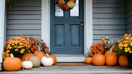Autumn porch decor with pumpkins and flowers at blue door entrance