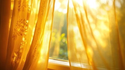Golden sunlight streams through sheer yellow curtains