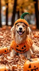 Golden retriever dog in pumpkin costume enjoying autumn leaves and halloween