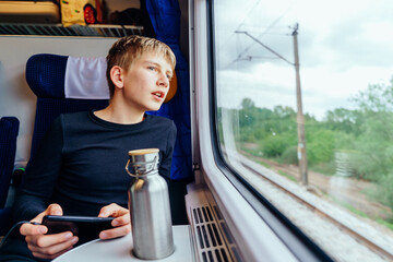 Teen boy talking and watching landscape from train