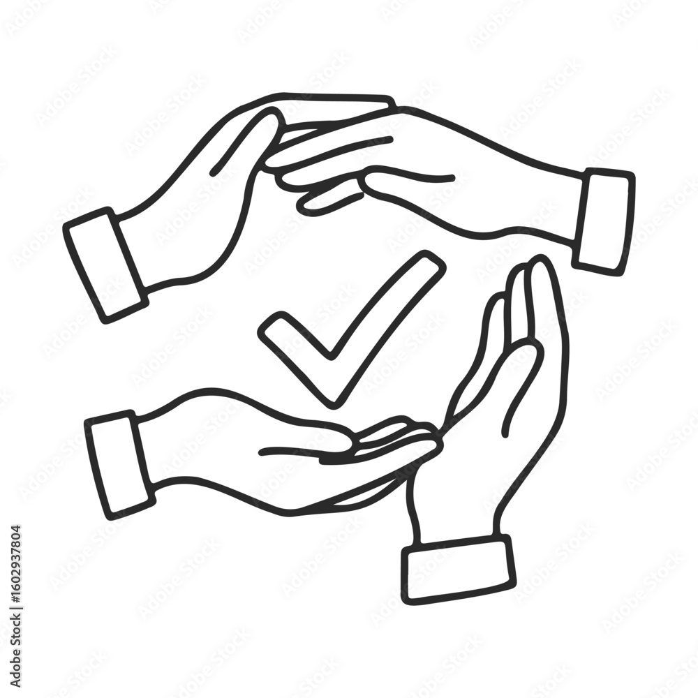 Poster three outlined hands encircling a check mark symbol – stock vector icon in line style