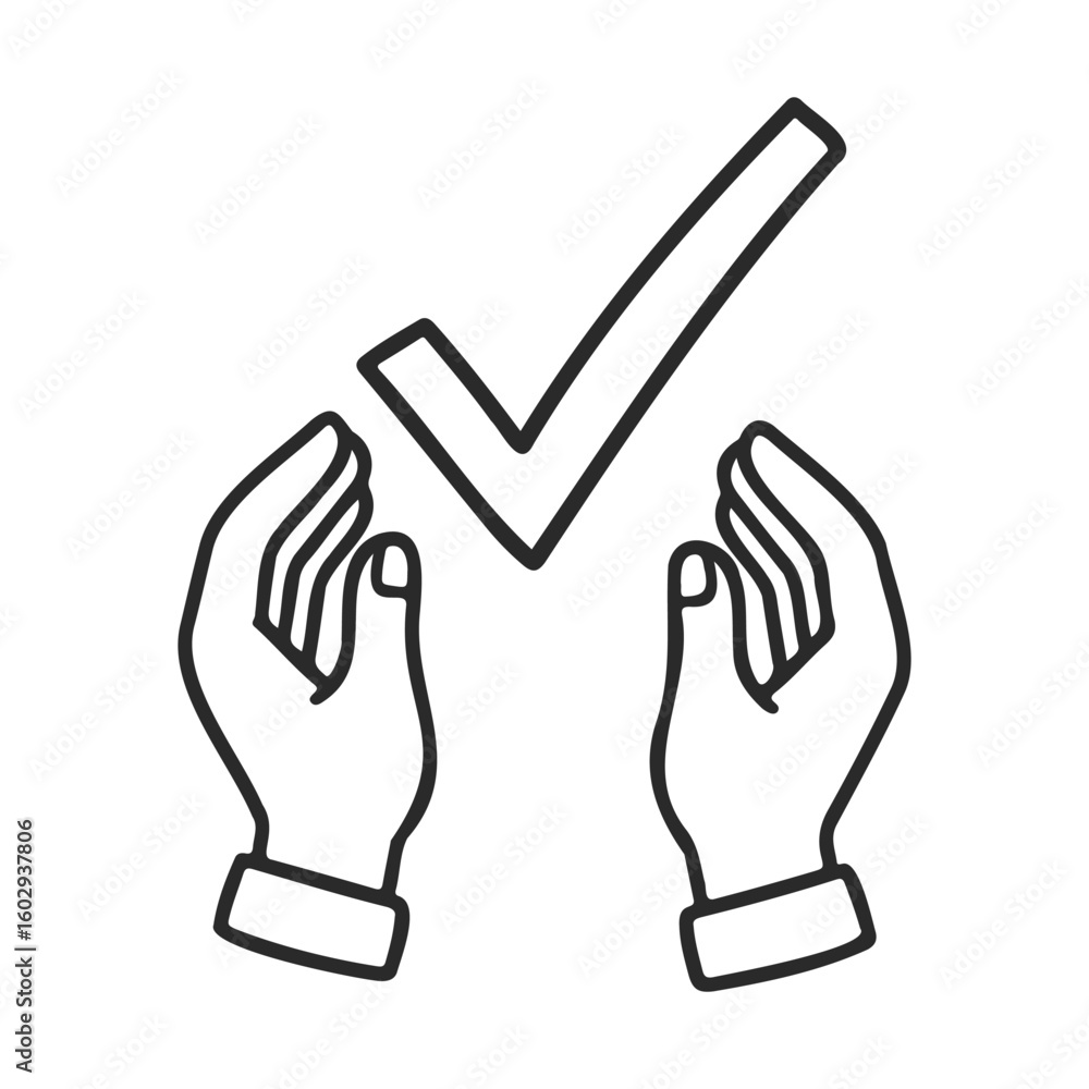 Aufkleber minimalist safety icon: hands protecting check mark symbol – stock vector icon in line style