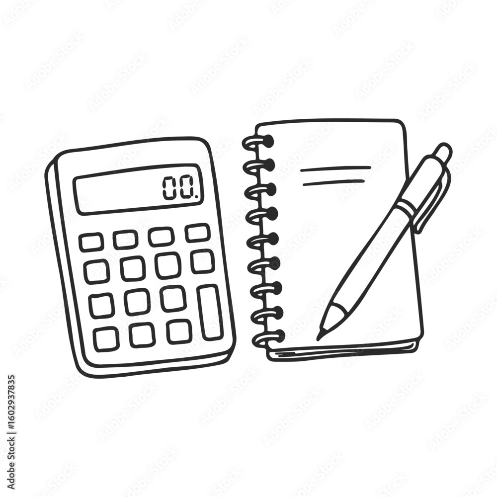 Poster calculator and notebook with pen on white background – stock vector icon in line style