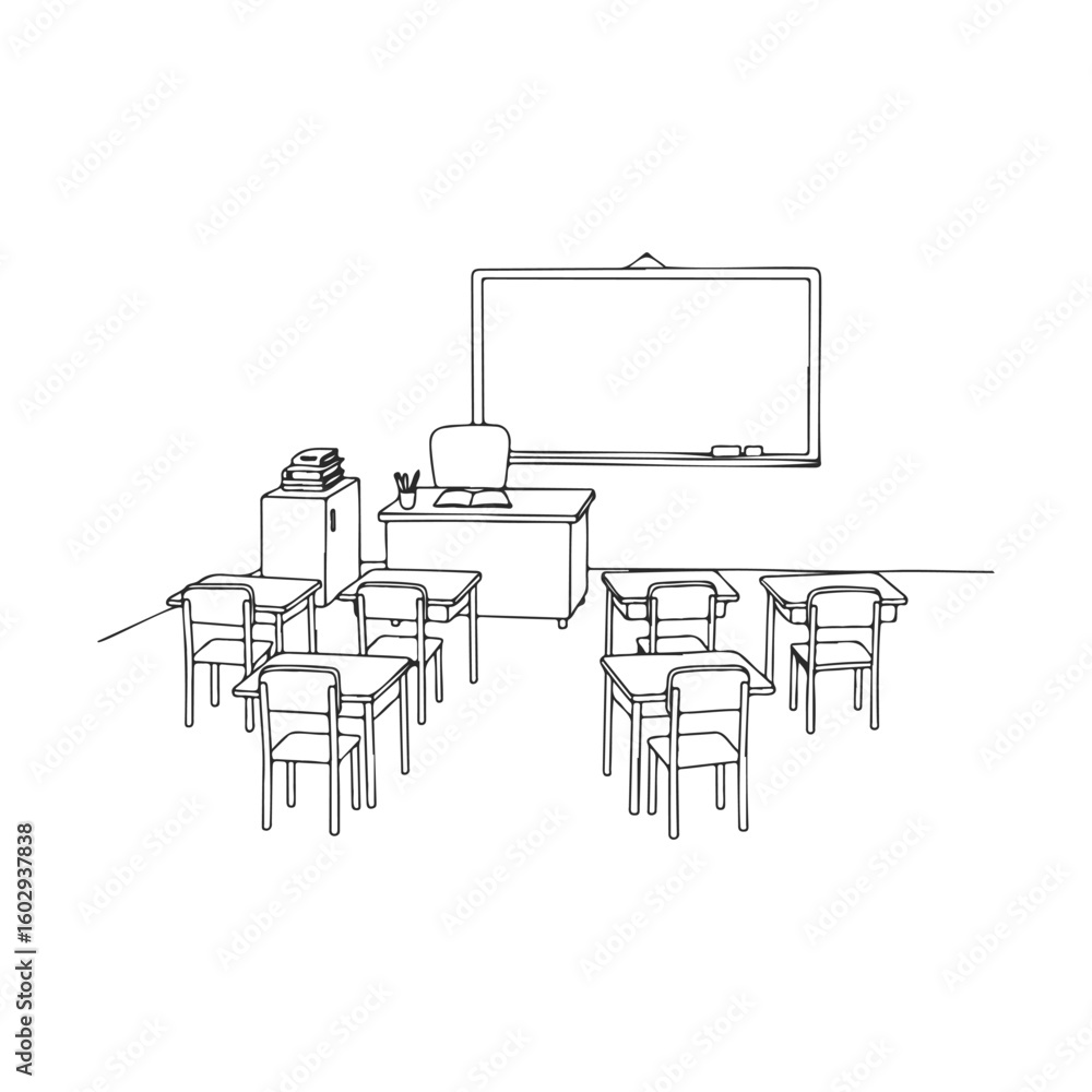 Poster classroom outline with desks and blackboard: minimalist educational setting – stock vector icon in l