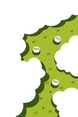 A hilly green landscape with sheep grazing on the grass and clouds floating by. The playful, almost puzzle-like border creates a fun and imaginative cartoon countryside.