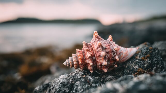 Detailed close-up of a seashell resting on rocks. - Powered by Adobe
