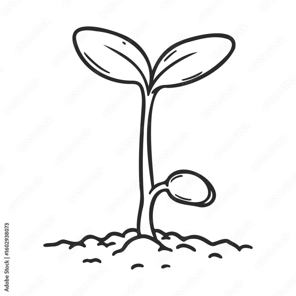 Poster sketch of a seedling with leaves emerging from soil – stock vector icon in line style