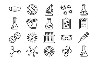 Science and Medical Research Outline Vector Icon Set - Face Mask, Lab Equipment, Microscope, Virus, Flask, Syringe, Molecules, and Experiment