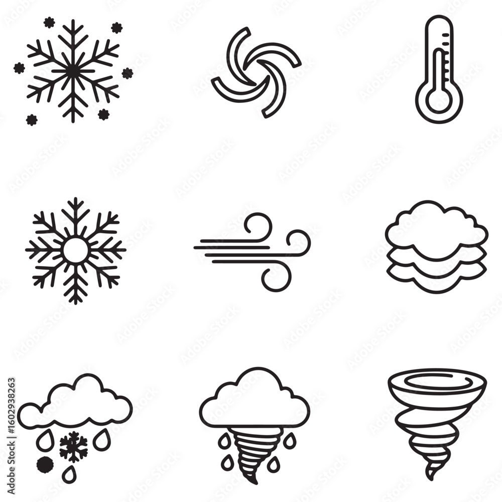 Poster black and white weather icons representing different conditions and meteorological concepts