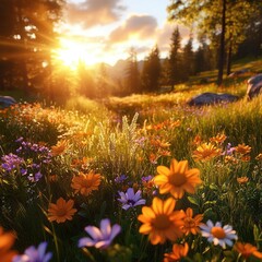 Obraz premium Summer Meadow with Orange and Purple Flowers, Green Grass and Mountain at Sunset