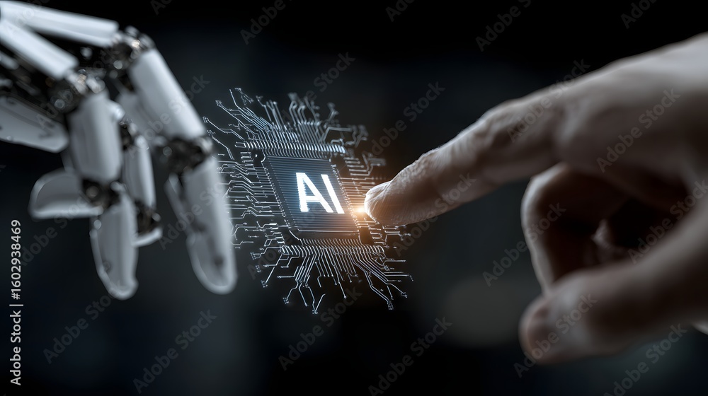Poster ai integration: human hand interacting with artificial intelligence