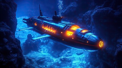 A futuristic deep-sea submarine navigating through the dark abyss, illuminated by glowing marine life.