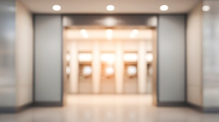 lurred image of a bank&rsquo;s ATM lobby with machine panels and doorway, sterile lighting