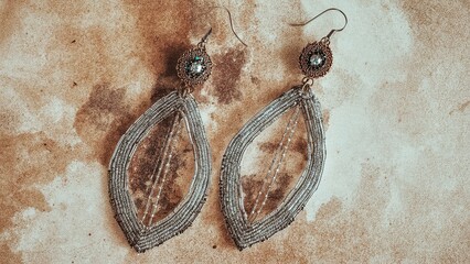 Beaded Earrings. Vintage silver leaf earrings, boho jewelry, rustic fa
