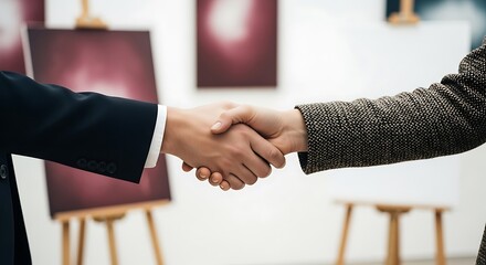 A handshake between two individuals in an art gallery finalizing a deal